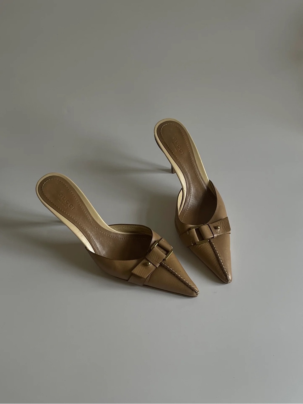 Gucci Brown Pointed Leather Mule Heels with Buckle